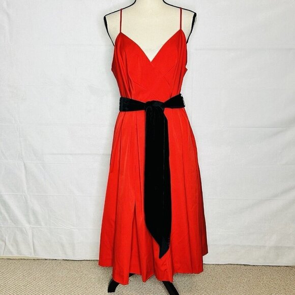 NWT J. Crew A-Line Velvet Sash Tie Red Black Party Dress Size 16 Spaghetti Strap - Picture 1 of 10